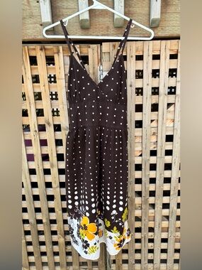 Brown Polka Dot Midi Dress with Yellow Floral Hem